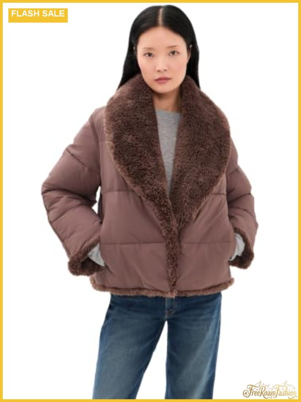 Oversized Puffer Jacket Faux Fur Trim Fleece Lined